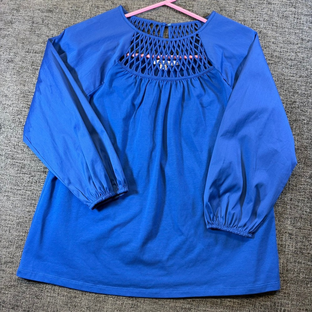 Chico's Lattice Yoke Top Women Size 0 S Blue Long Sleeve Crochet Detail 1461